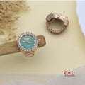 Rose Gold CZ Bezel Quartz Ring Watch – Teal Dial