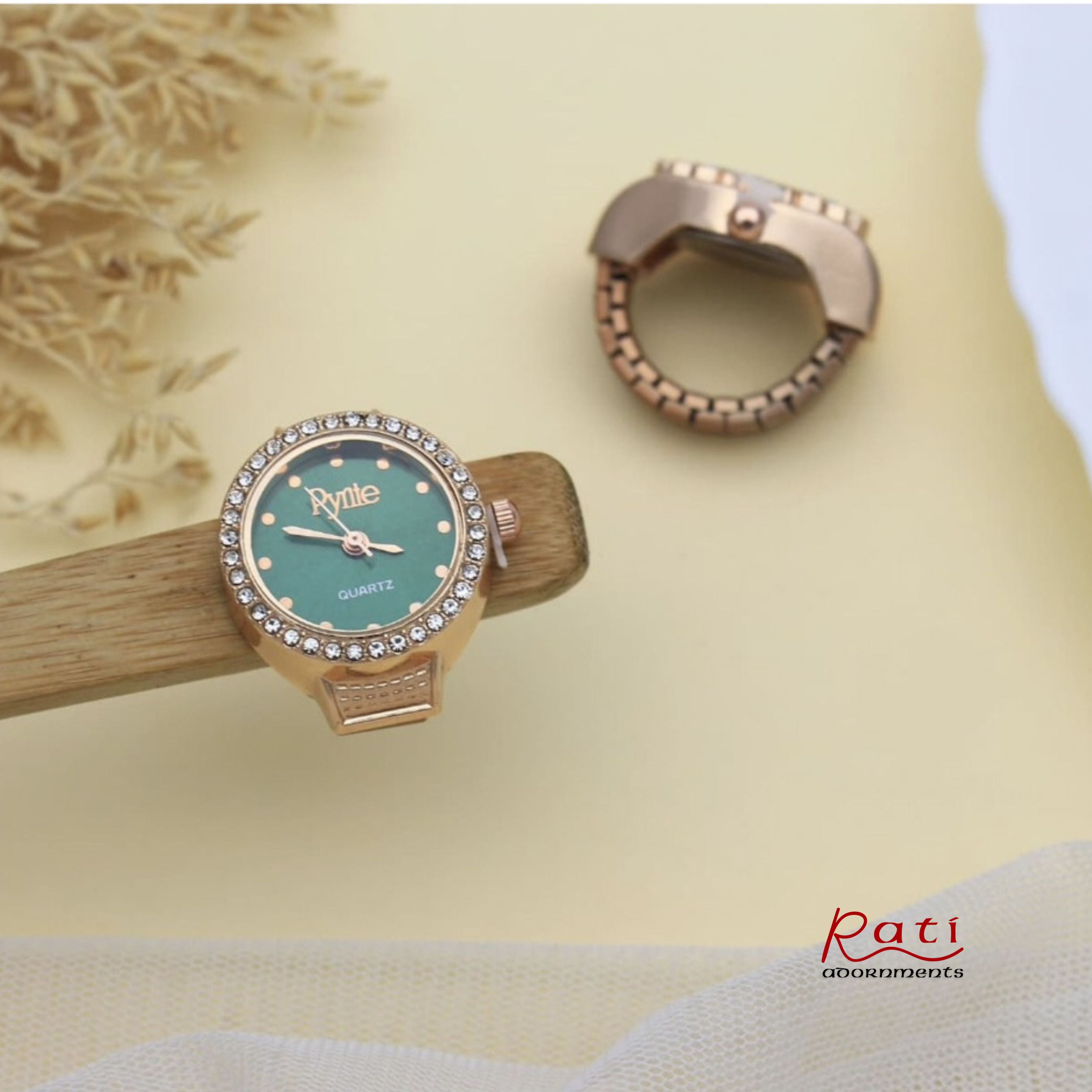 Rose Gold CZ Bezel Quartz Ring Watch – Teal Dial