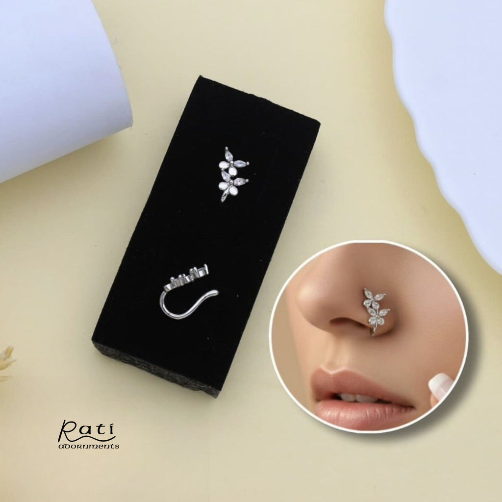 Silver Five Petal Marquise CZ Flower Nose Pin