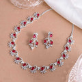 Ruby & CZ Diamond Floral Necklace & Earrings Set