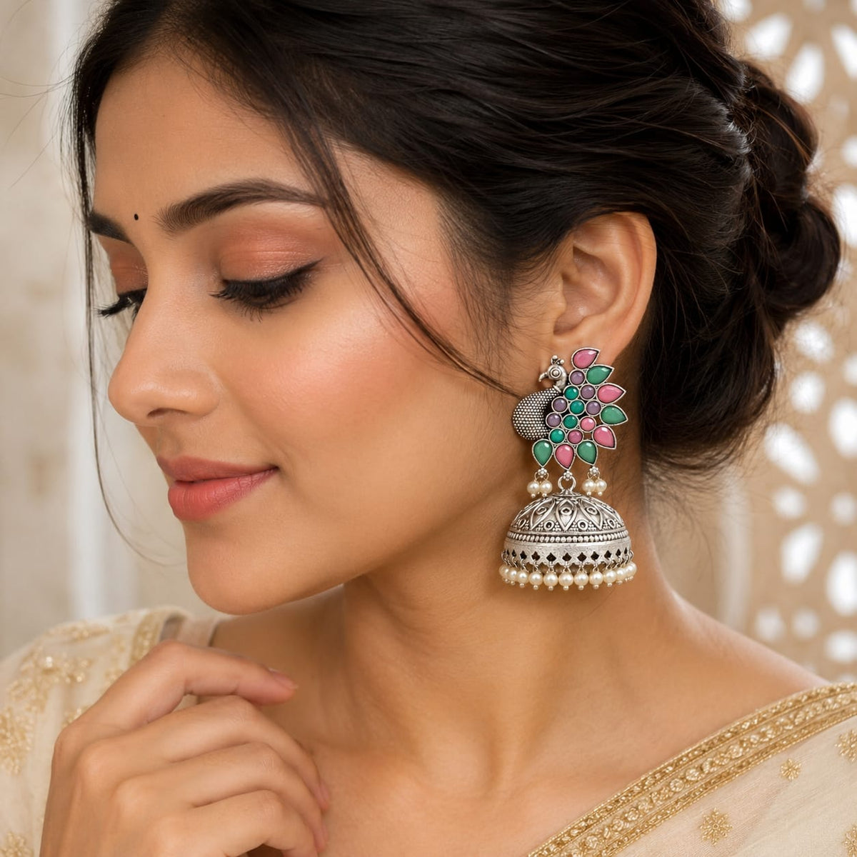 Oxidised Silver Peacock Jhumka Earrings with Pastel Pink, Green & Lilac Stone